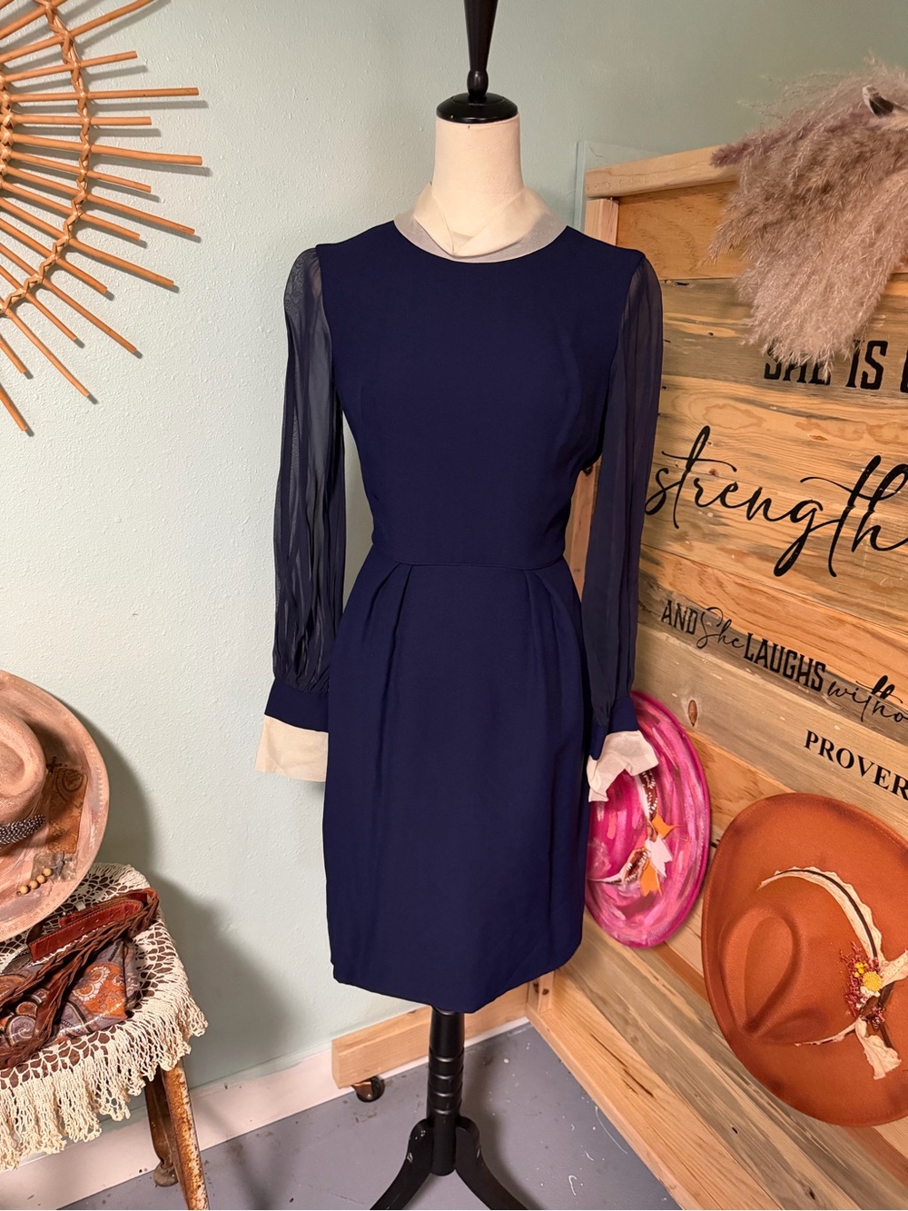 Rare Vintage Union Made 1970’s Navy Long-Sleeve Dress with Cream Cuffs